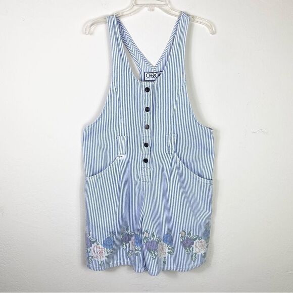 Vintage 90’s Cherokee White & Blue Striped Floral Shortalls Overalls - Picture 1 of 7